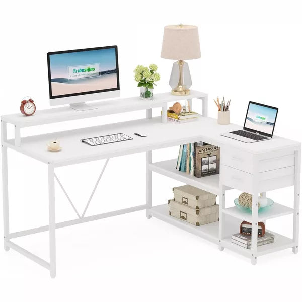 Tribesigns Reversible L-shaped Computer Desk with Drawer, Corner Desk Table with Storage Shelves and Monitor Stand for Home Office