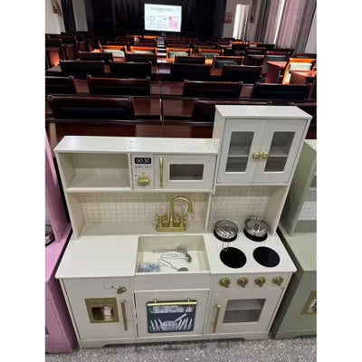 TODECARE Wooden Play Kitchen Set with Ice Maker, Coffee Maker & Kitchen Accessories, Pretend Play Toy Gift for Boys and Girls Ages 3+, Beige