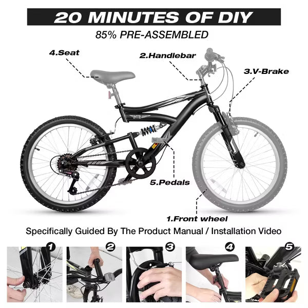 Hykolity Kids Mountain Bike 20 inch MTB Bicycle Age 6-12 Years Height 42-56 in Tween Cycling Full Suspension Sport Outdoor Bikes - Jet Black