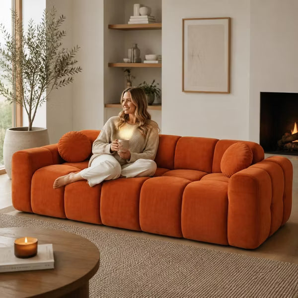 98.4" Large Corduroy Compression Sofa, Cloud Puff Couch 3 Seat Deep Sofa with 2 Pillows, No Assembly Living Room Couch for Apartment & Studio