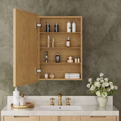 20"x28" Bathroom Wall Cabinet with Mirror,Oak Wooden Storage Cabinet with Adjustable Shelves for Bathroom Organization