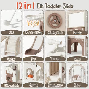 12-in-1 Toddler Slide Playset – Indoor & Outdoor Kids Slide with Basketball Hoop, Golf & Drawing Board (Beige & Rosy Brown, 54×62×39 in)