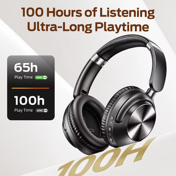 Hybrid ANC BT headphones, BT6.0, -56dB noise reduction (95%). 100H playtime, deep bass, memory foam earcups. For home, office, travel.