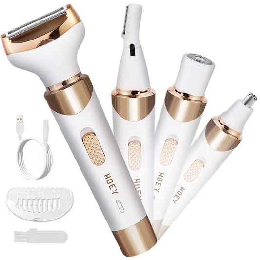 Hoey 4 in 1 Electric Razor for Women – Rechargeable Shaver and Trimmer for Face, Bikini, Underarms and Legs
