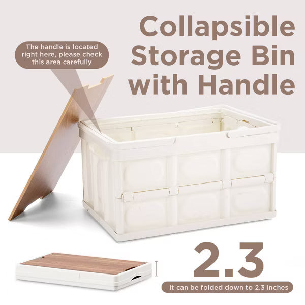 VUSIGN 30L/7.9gal 12''x9.6'' Foldable Storage Bins with Wooden Lids and Handles Light Beige