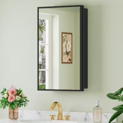 Framed Medicine Cabinet with Mirror, Recessed 13.35" x 22.83" or Wall Mounted 14"x 24" Bathroom Cabinet, Adjustable Tempered Glass Shelves,Black