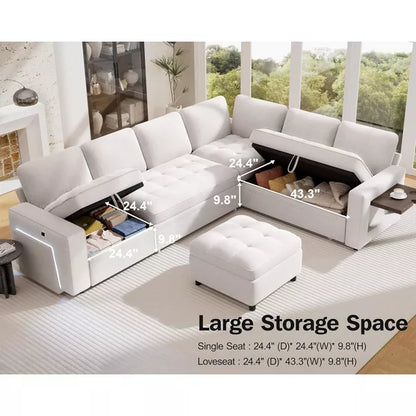 Vipbear 7-Seat Modular Sectional Sleeper Sofa with Pull-Out Bed, Reclining Backrest, USB Ports, Table, LED Lights & Storage Seats,Gray