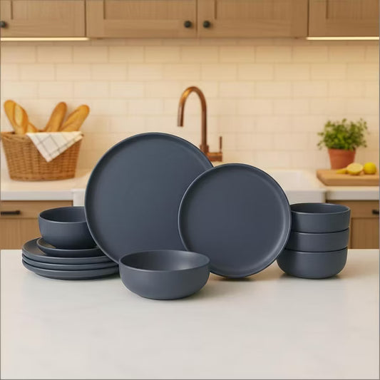 GreenElevate Stoneware Elegance 12-Piece Dinnerware Set for 4, Plates&Bowls, Microwave & Dishwasher Safe, Non-Toxic Matte Glaze, Stackable Dishware