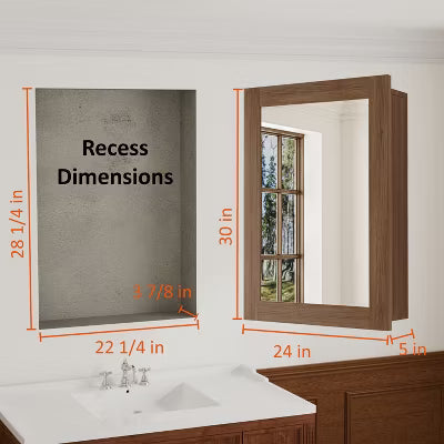 24"x30" Wall Mounted Mirror Cabinet, Functional Bathroom Storage with Wood Frame and Adjustable Shelves