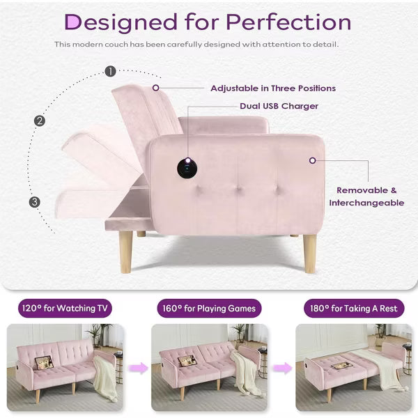 TYBOATLE 65" Convertible Pink Velvet Futon Sofa Bed, Modern Upholstered Couch with USB, Folding Loveseat for Bedroom, Apartment, Office,Pink