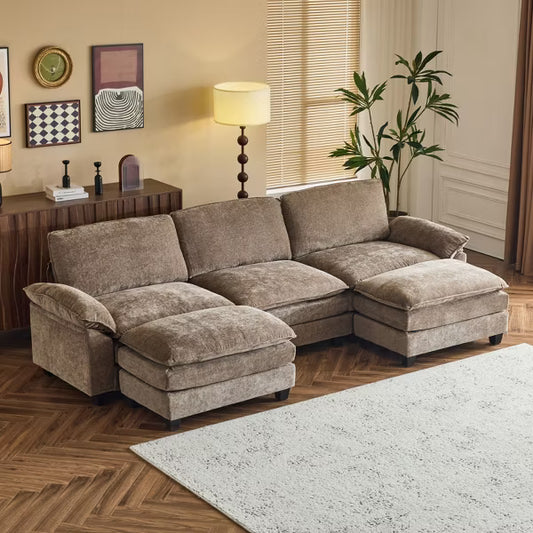 Karl Home |120 in. W Pillow Top Arm Double-layer Cushion Chenille Sofa in Brown With Ottoman