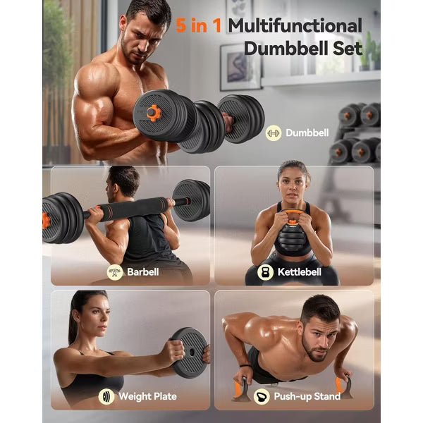 FEIERDUN Free Weight Set with Connector, 5 in1 Dumbbells Set Used as Barbell, Kettlebells, Push up Stand, Weight Plate, 70lbs