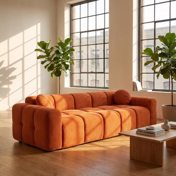 98.4" Large Corduroy Compression Sofa, Cloud Puff Couch 3 Seat Deep Sofa with 2 Pillows, No Assembly Living Room Couch for Apartment & Studio