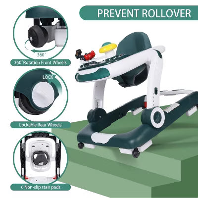 TODECARE 5-in-1 Baby Walker, Adjustable Height Activity Walker with Safety Bumper for Toddlers, Green