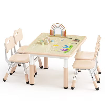 TODECARE Kids Table and 4 Chair Set with Height Adjustable Table & Chairs, and Safe Design, Perfect for Play, Study, and Dining, Natural