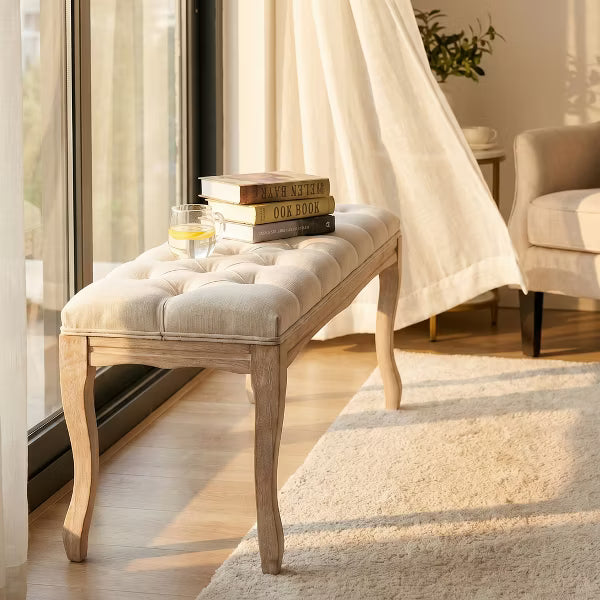 43.3" French Vintage Tufted Bedroom Bench, Upholstered Bed Bench with Carved Distressed Wood Legs, Linen Ottoman for Living Room & Foyer, Beige