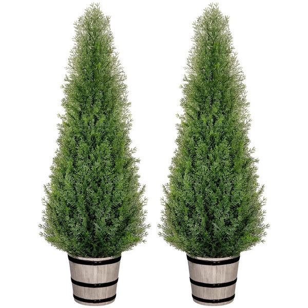 4 ft 2 Pack Artificial Cedar Tree with Planter Faux Topiary Cedar Plants Realistic Potted Plants for Home Porch Office Decor Faux Pine Tree