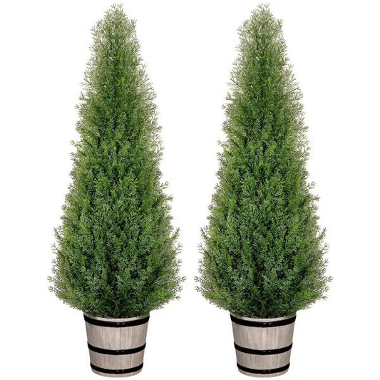 4 ft 2 Pack Artificial Cedar Tree with Planter Faux Topiary Cedar Plants Realistic Potted Plants for Home Porch Office Decor Faux Pine Tree