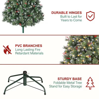 VIVATREES 6 Ft Prelit Snow Flocked Christmas Tree with Red Berries Partially Frosted Xmas Pine Tree 956 PVC Branch Tips 250 Warm White Lights
