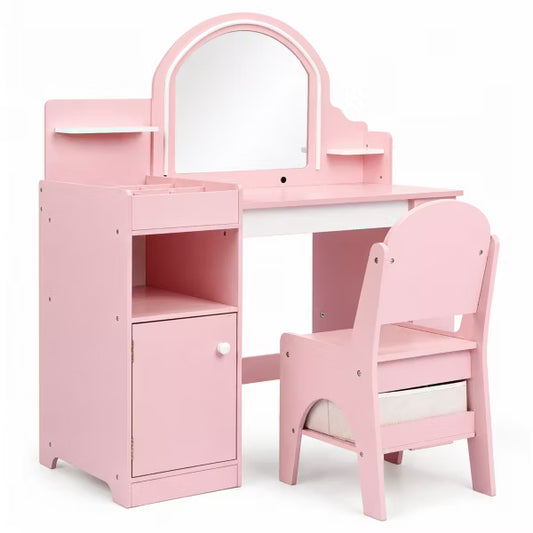 TODECARE Kids Vanity Set with Lighted Mirror, Chair, Bookshelf, Drawers & Storage Cabinet, Girls Makeup Vanity Table