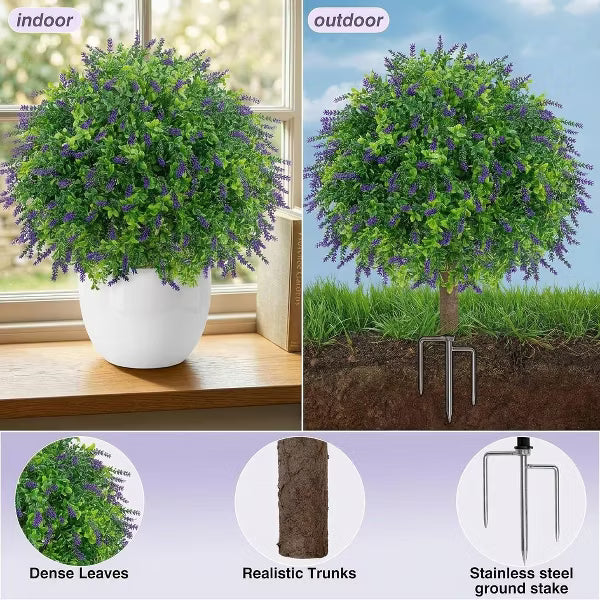 2 PCS Artificial Boxwood Topiary Ball Trees with Lavender with Ground Spike UV Resistant & Fade-Proof Faux Shrub for Pathway Decor