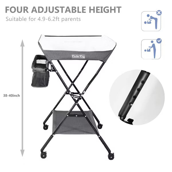Kinder King Portable Baby Changing Table with Wheels, 4-Level Adjustable Height, Foldable Diaper Station with Storage, Gray