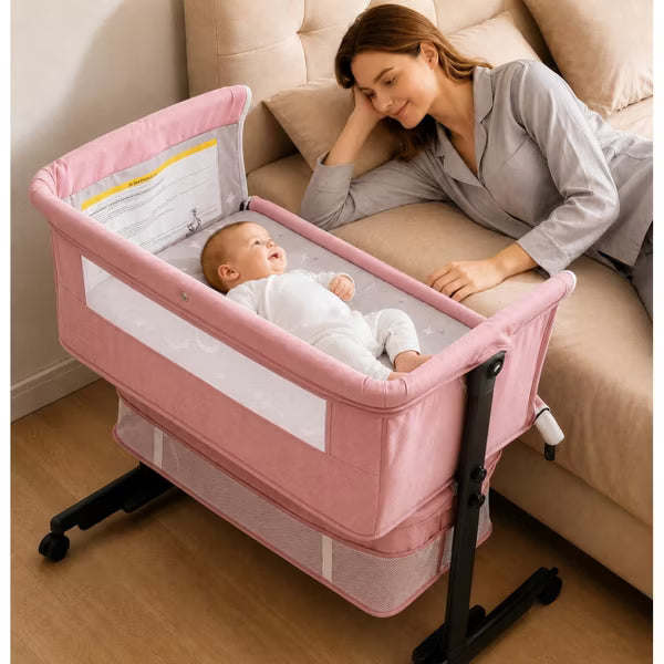 Kmaier Baby Bassinet 3 in 1 Foldable Portable Crib,6 Adjustable Height,with WheelsBaby Bassinet Rocking-,Pink