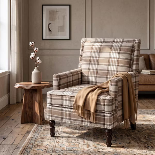 Plaid Upholstered Accent Chair with Nailhead Trim and Solid Wood Legs for Living Room, Dorm, Apartment - Warm Mocha Plaid
