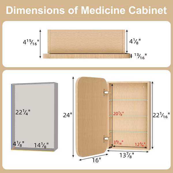 16x24"Wooden Bathroom Mirror Cabinet with Adjustable Interior Shelves and Wall Mounted Design for Convenient Storage
