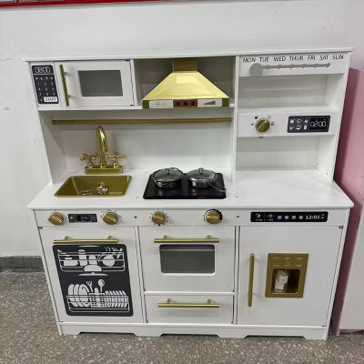 TODECARE Play Kitchen Set for Kids, Wooden Pretend Kitchen with Ice Maker, Coffee Maker, Refrigerator, Microwave, Dishwasher & Accessories, White