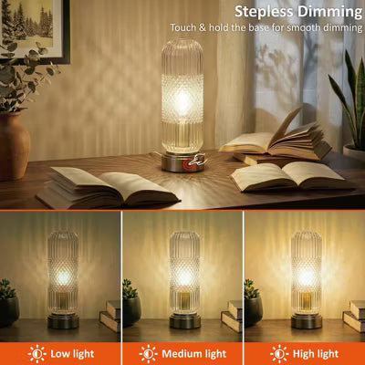 Touch Dimmable Ribbed Glass Table Lamp with Bronze Base and Braided Cord-Clear