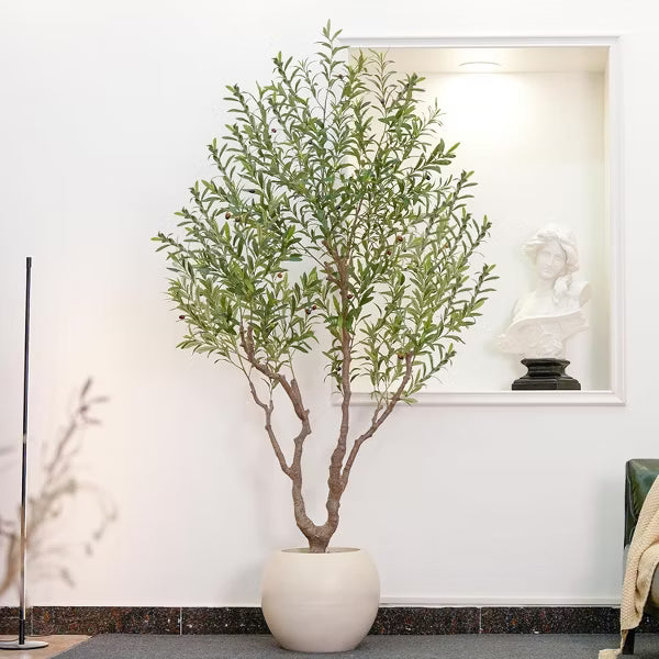8FT Artificial Olive Tree with 16 Inch White Planter, Faux Olive Tree Realistic Leaves Lifelike Fruits Natural Trunk, Home Office Decor