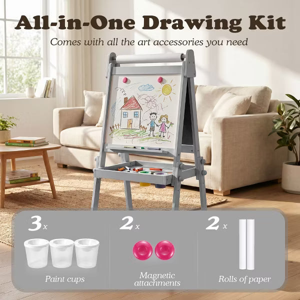 TODECARE Adjustable 3-in-1 Kids Art Easel with Magnetic Whiteboard, Chalkboard, Paper Roll & Storage, Gray