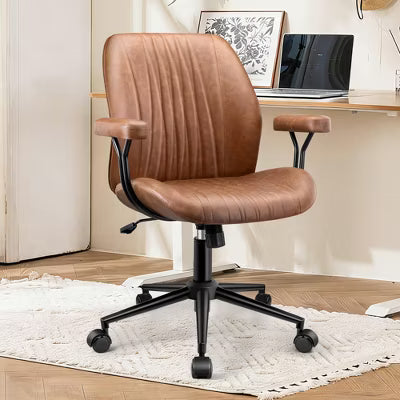 KERDOM Home Office Chair Arms with Wheels, PU Leather Mid Back Desk Chair with Adjustable Height, 360 Swivel for Office, Meeting Room, Brown