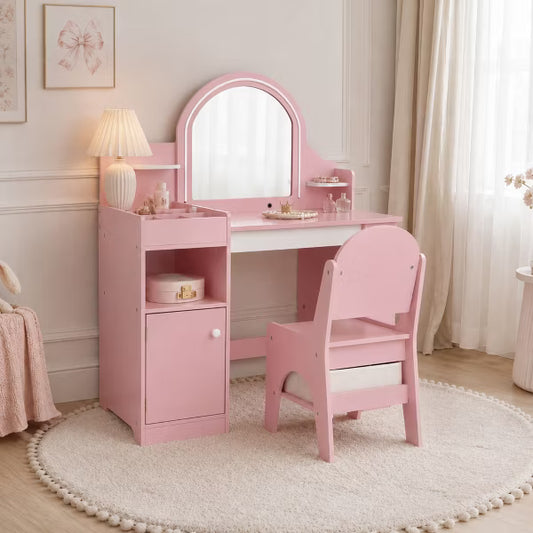 TODECARE Kids Vanity Set with Lighted Mirror, Chair, Bookshelf, Drawers & Storage Cabinet, Girls Makeup Vanity Table