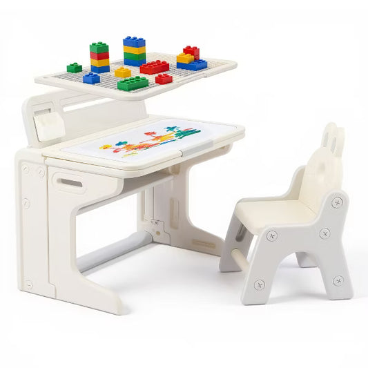 Kinder King Kids Foldable Desk & Chair Set, 2-in-1 Drawing and Building Block Activity Table with Storage, Gray
