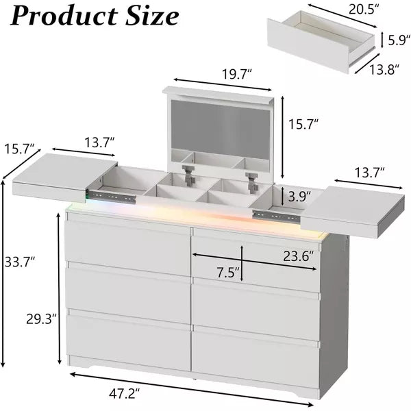 PAKASEPT White Dresser with Mirror for Bedroom, Modern 6 Drawers Dresser with Charging Station & LED Lights, Chest of Drawers with Sliding Desktop