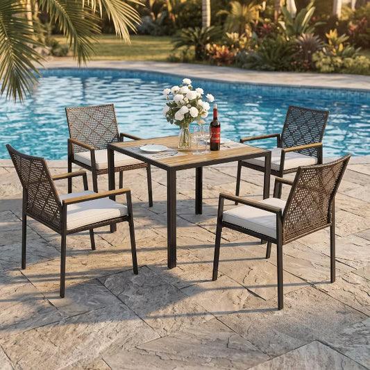 All-Weather Outdoor Table and Chairs with Umbrella Hole Sturdy 352lbs Capacity Yellow Rattan Furniture for Backyard