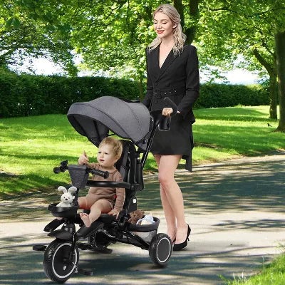 TODECARE 8-in-1 Kids Folding Tricycle with Adjustable Push Handle, Gray