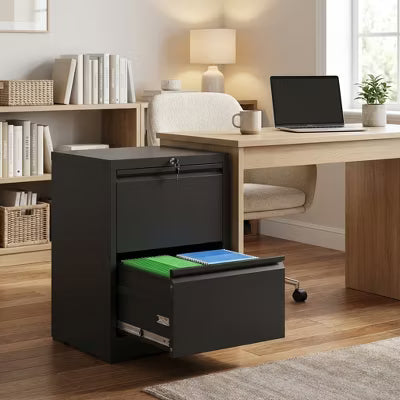 VIYET 27"H 2 Drawer Lateral File Cabinet with Lock, Steel Metal Filing Cabinet for Home Office, Fits Letter/Legal/A4(Black)