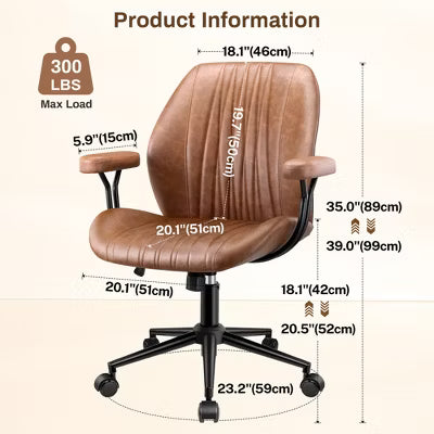KERDOM Home Office Chair Arms with Wheels, PU Leather Mid Back Desk Chair with Adjustable Height, 360 Swivel for Office, Meeting Room, Brown
