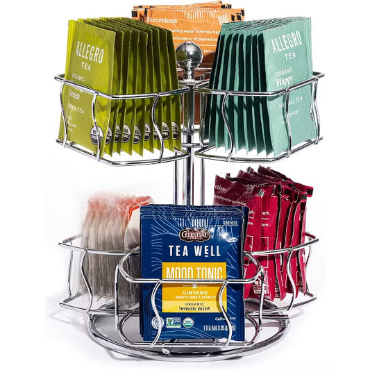 2-Tier Tea Bag Spinning Carousel Organizer, Revolving Countertop Storage for Pantry, Holds Up to 60 Large Tea Bags, Ideal for Matcha Station
