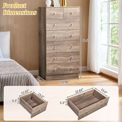 Karl Home Large 7-Drawer Dresser for Bedroom and Chest of Drawers with Sturdy Construction Wood Storage Organizer for Closet In Grey