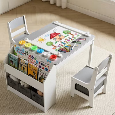 TODECARE 4-in-1 Kids Table & Chairs Set with Whiteboard, Chalkboard, and Storage, Design for Study, Play, and Snack Time, Gray