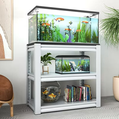 VIYET 31" 3-Tier Adjustable Fish Tank Stand 400lbs Heavy-Duty Metal Aquarium Stand for 20-30 Gallon, Antique White with Floor Pads