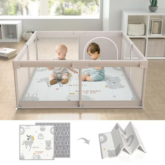Fodoss Baby Playpen with Mat, 47x47in Extra-Large Baby Play Yard for Toddlers, Indoor/Outdoor Safety Playpen with Non-Slip Base (GREY)