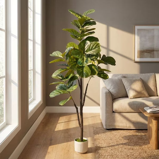 6FT Artificial Fiddle Leaf Fig Tree, Faux Indoor Large Tall Fake Tree with White Planter for Home Decor