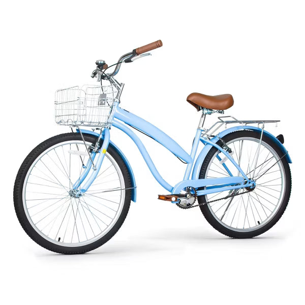 Hykolity 26 Inch Cruiser Beach Bike Commuter Bicycle for Adult Women Men City Bikes with Basket Comfort Saddle Rear Rack Blue