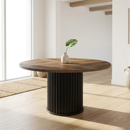 47" Farmhouse Round Dining Table, Rustic Wood Kitchen Table with Modern Black Fluted Pedestal Base for 6 for Dining Room, Walnut