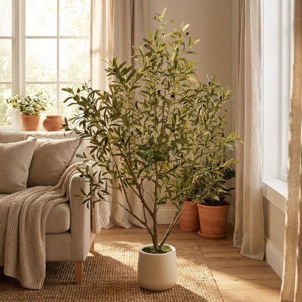 Artificial Olive Tree 5FT Tall, Faux Olive Tree Indoor with Large White Round Planter Fake Plant Olive for Home House Office Decor